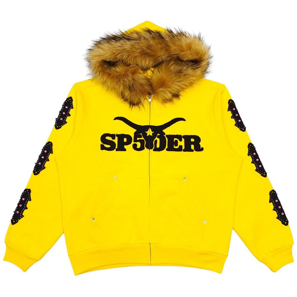 Sp5der Fur Hooded Full Zip Hoodie Yellow | Spider Worldwide